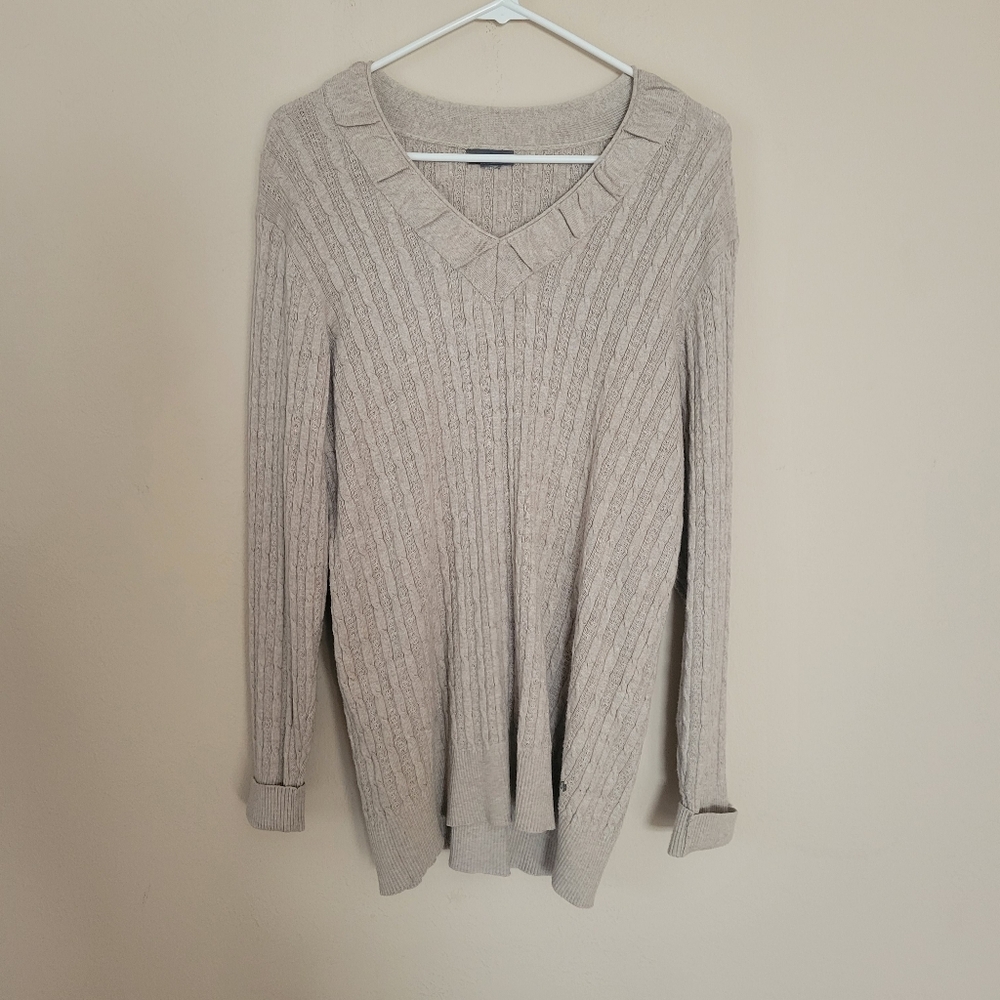 Eddie Bauer Womens Sweater Large V-Neck Ribbed Cable Knit Solid Beige